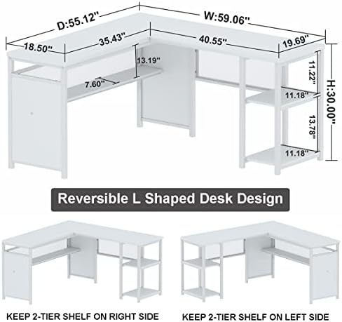Компютърна маса FATORRI L-образна форма, промишлен домашен офис маса с рафтове, ъглово бюро от дърво и метал в селски стил (бял