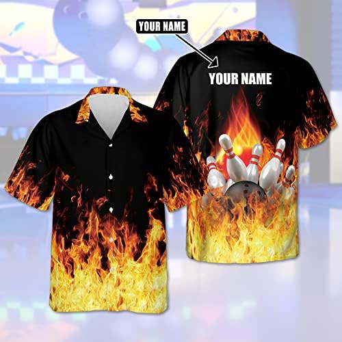 Изработена по поръчка Риза за Боулинг с Пламък LEEVUS с Име, Риза за Боулинг с Огън, Хавайски Ризи с Копчета за Боулинг, Подаръци