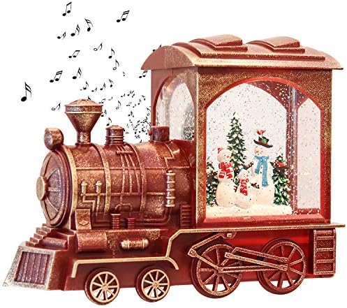 Коледен влак GenSwin Снежен човек На Батерии, Музикален, С Подсветка, Иде Сняг, Искрящ Снежна Топка, Лампа с Таймер, Коледна Украса