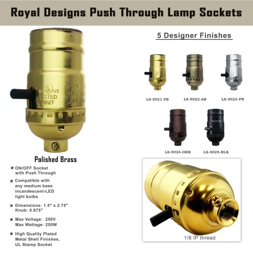 Royal Designs, Inc. Вставной Патронник за лампи с нажежаема жичка или led лампи, Покритие от полиран месинг, Комплект от 6