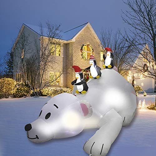 Коледен Надуваем Бяла мечка MorTime 7,8 метра, с 3 Пингвини, Надуваеми 3 Пингвин на бял Медведе, интериор с led подсветка за коледното