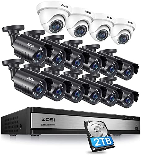 16-канална система за видеонаблюдение ZOSI 1080p с твърд диск капацитет 2 TB, видеорегистратором за видеонаблюдение H. 265 + 16CH